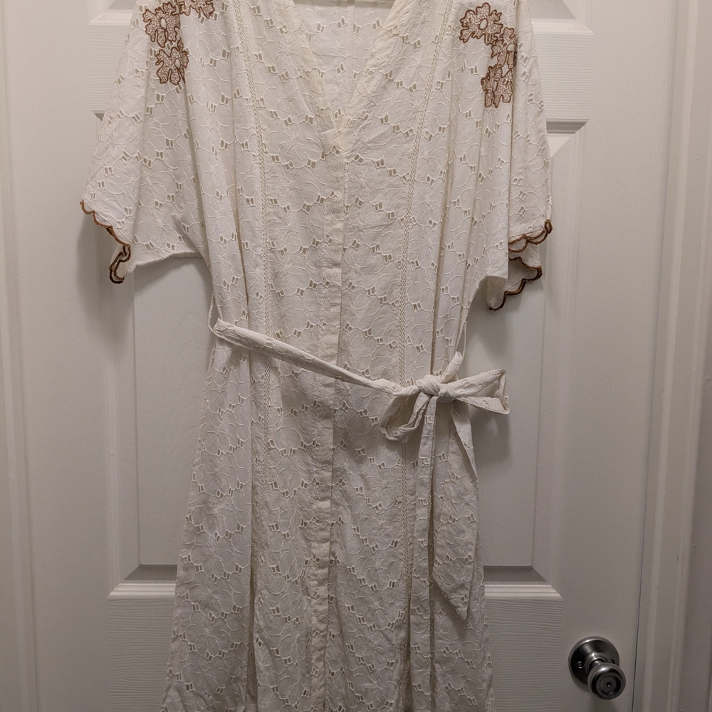 lovestich Brand White Lace Dress with Brown Floral Accents